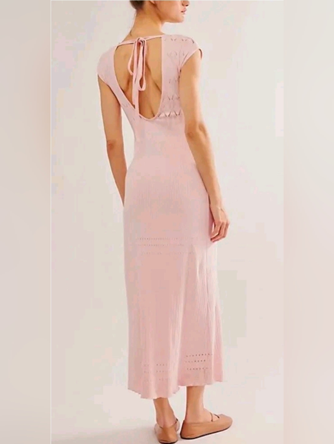 Free People Robin Seamless Back Tie Pointelle Midi Dress Pink Nwt Xs/S